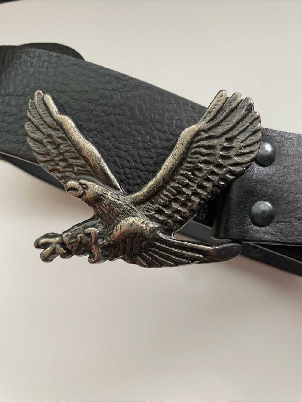 Vintage GAP Black Leather Belt with Dark Brass Toned Eagle Buckle, size 34